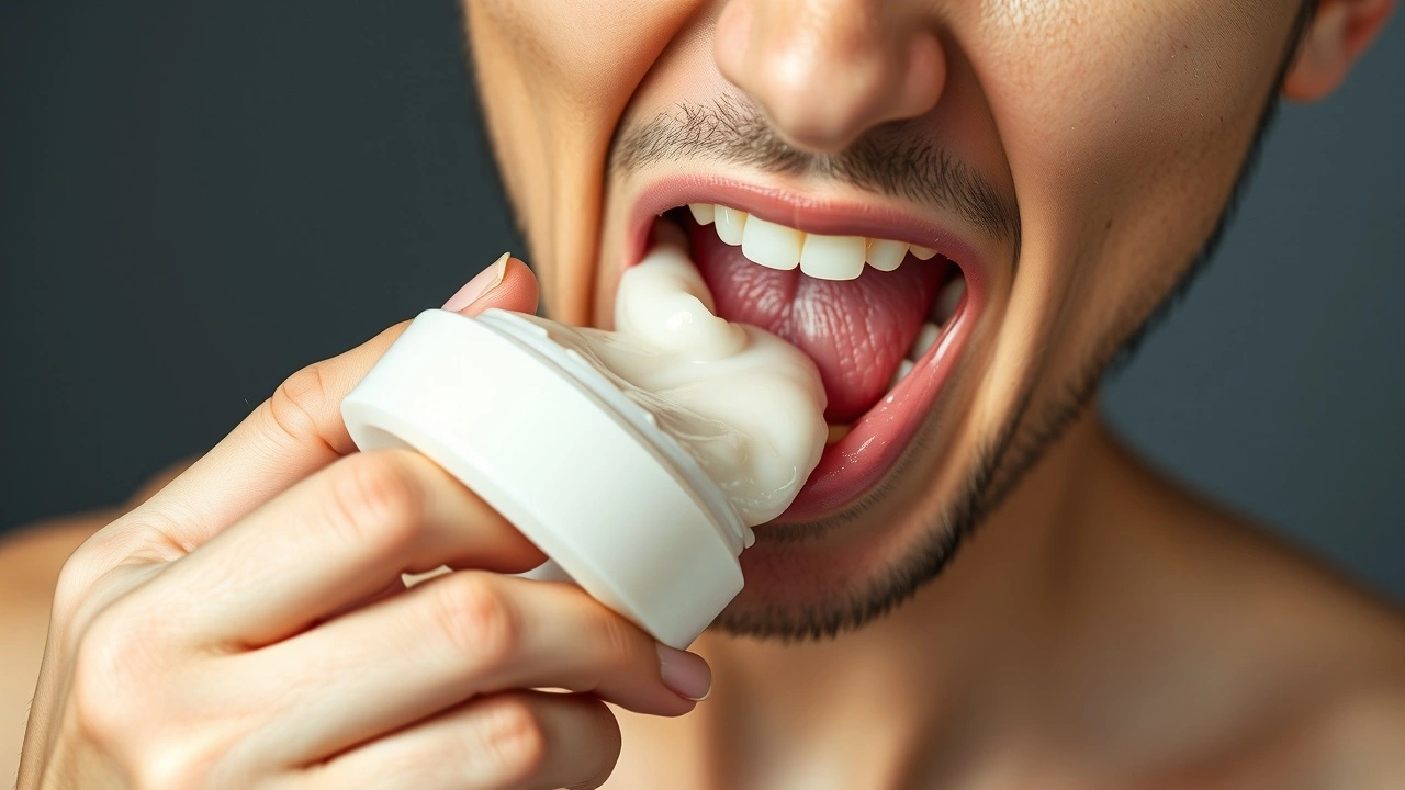 person avec de lhuile de coco dans la bouche