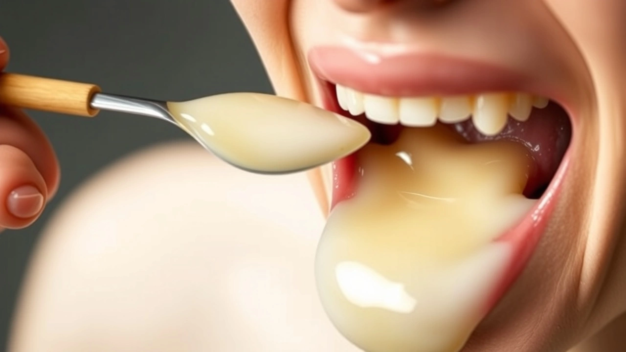 une personne faisant de l oil pulling avec de l huile de coco