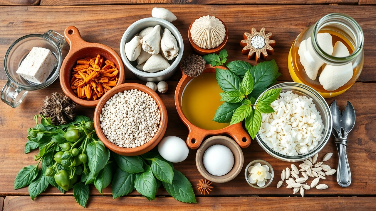 assortiment d'herbes ayurvédiques et d'huiles