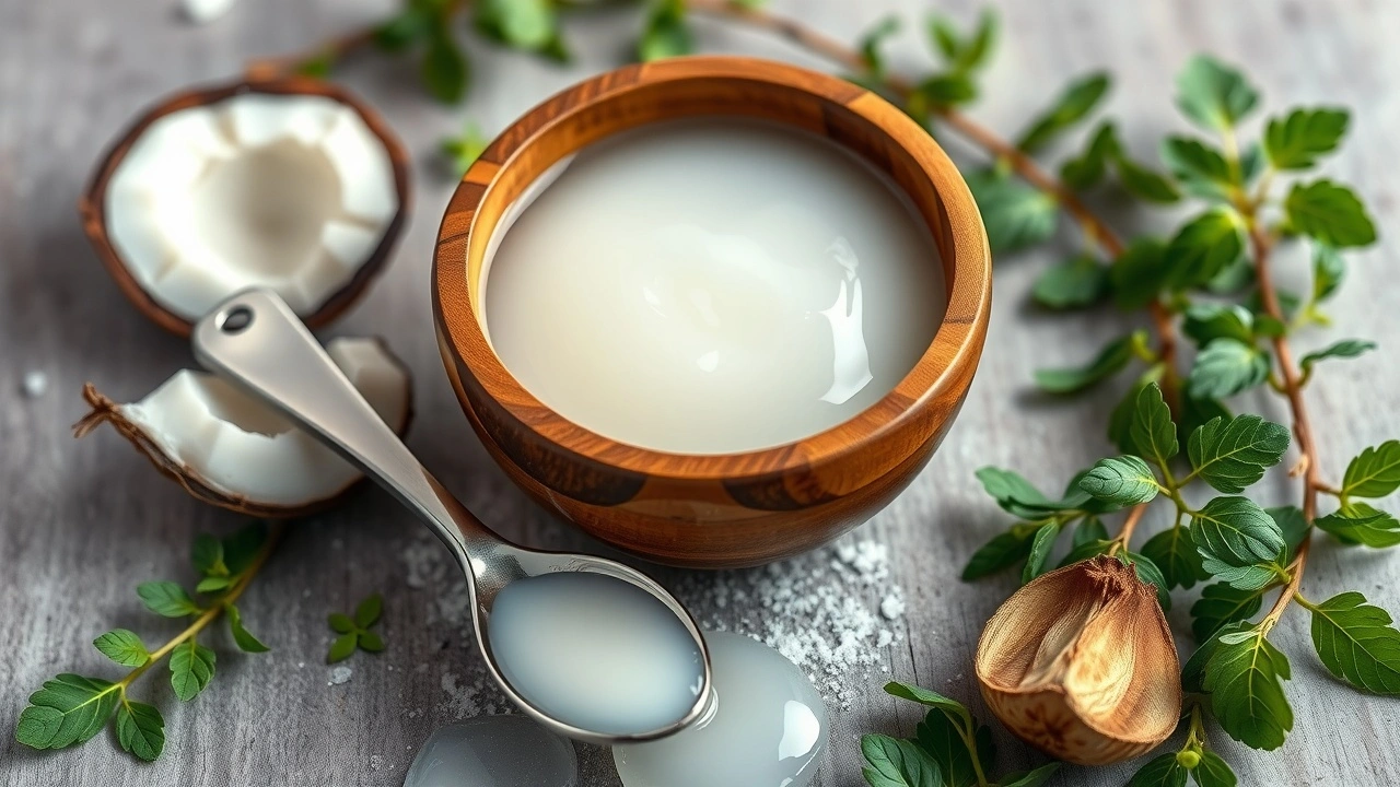 bol en bois avec de l'huile de coco et des herbes
