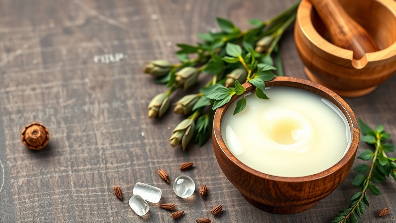 bol en bois avec de l'huile de coco et des herbes
