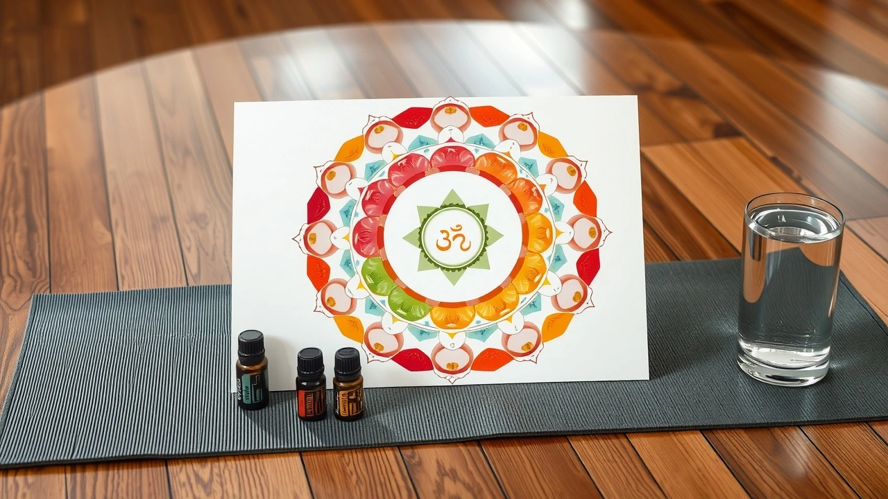 tableau des chakras avec huiles essentielles et verre d'eau