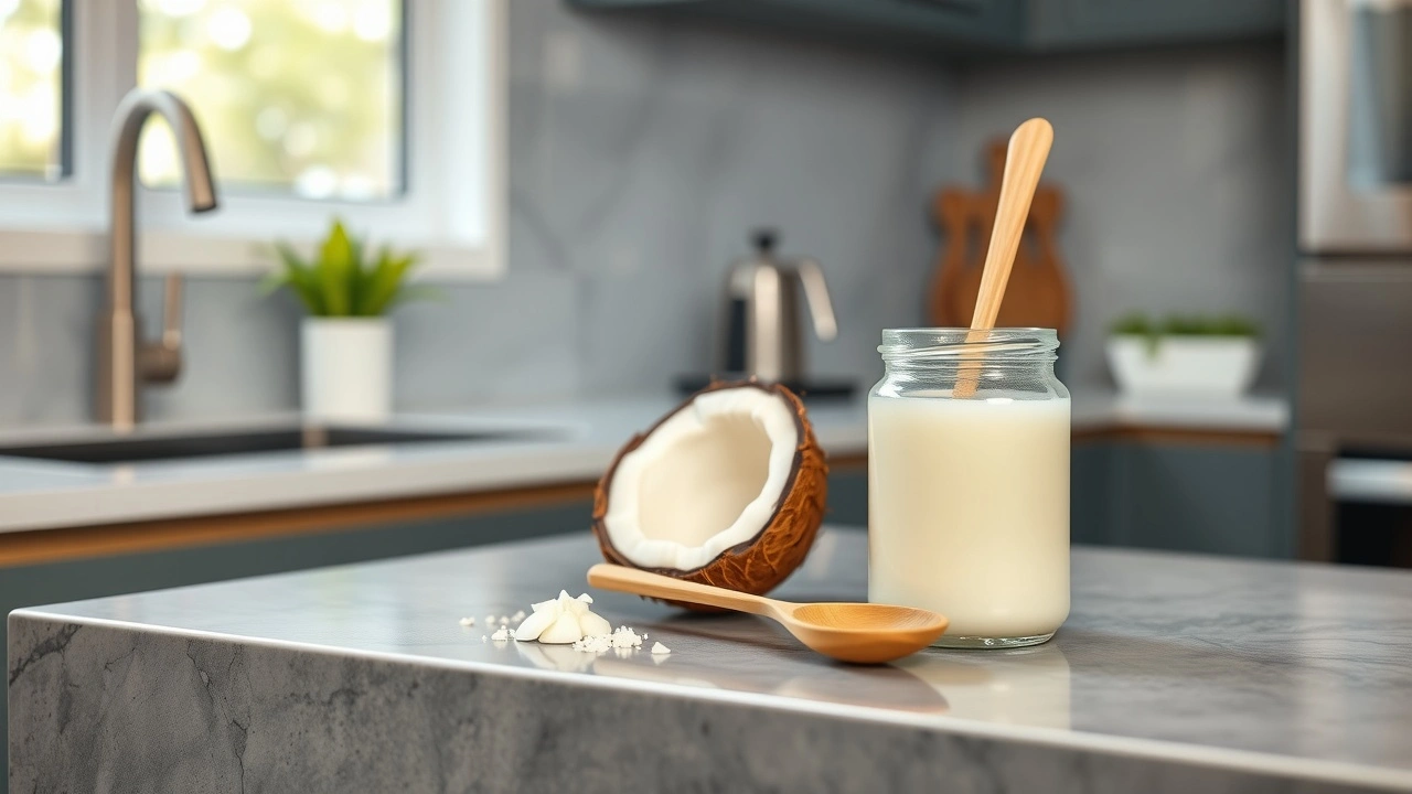 photographie d'un comptoir de cuisine moderne avec huile de coco