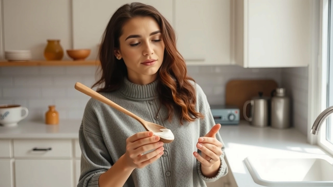 femme pratiquant le oil pulling dans une cuisine lumineuse