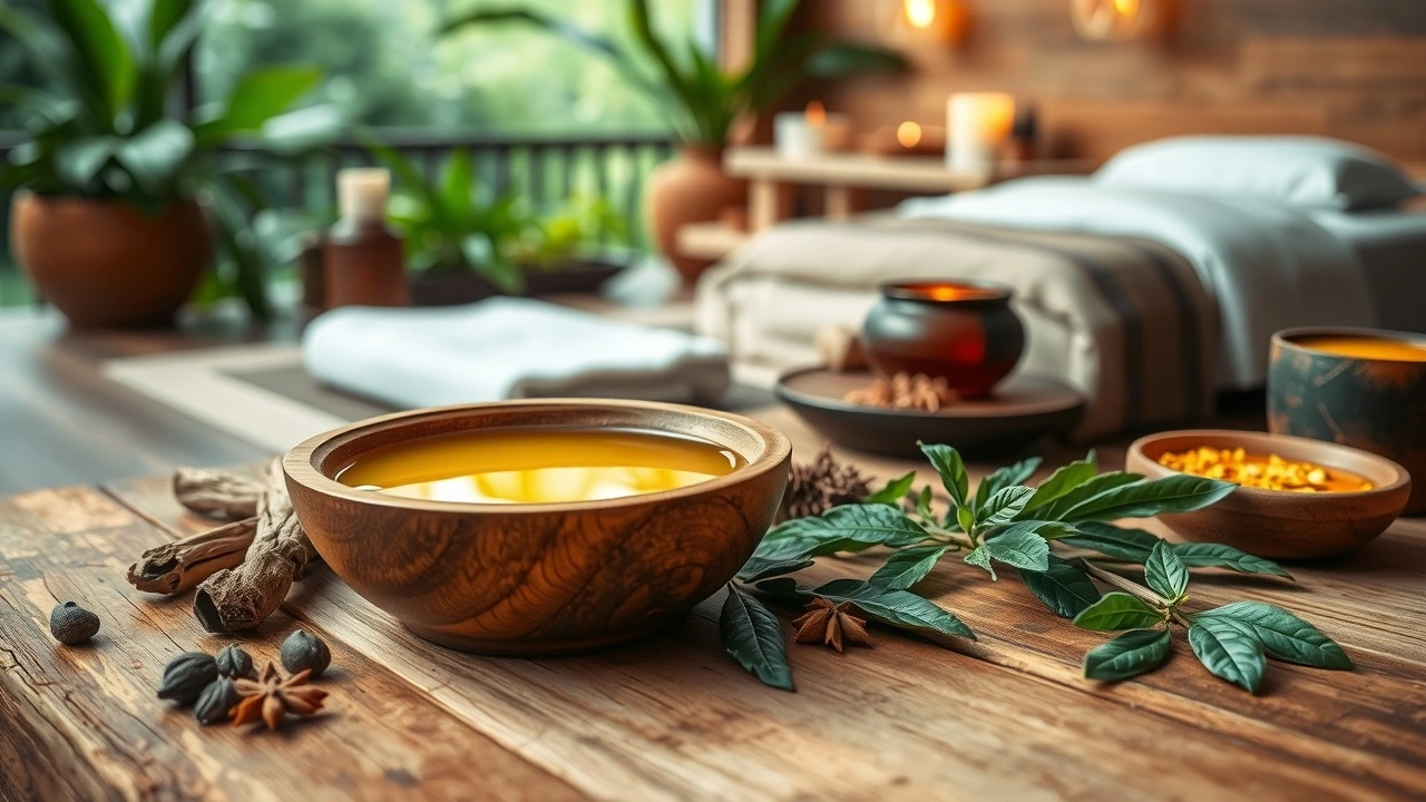 Une scène sereine illustrant le pratique du oil pulling en Ayurveda, avec un bol en bois, des herbes, et une ambiance de spa