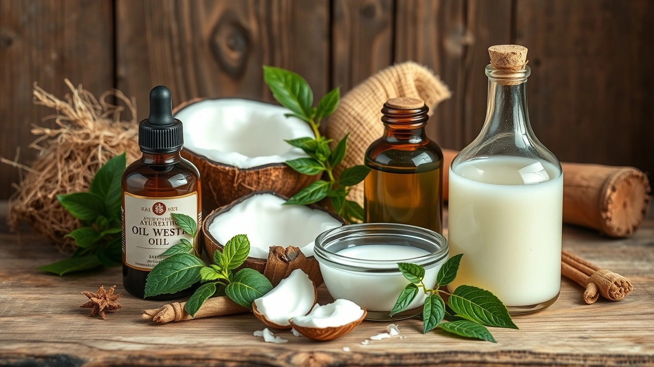 herbes ayurvediques et huiles pour le oil pulling