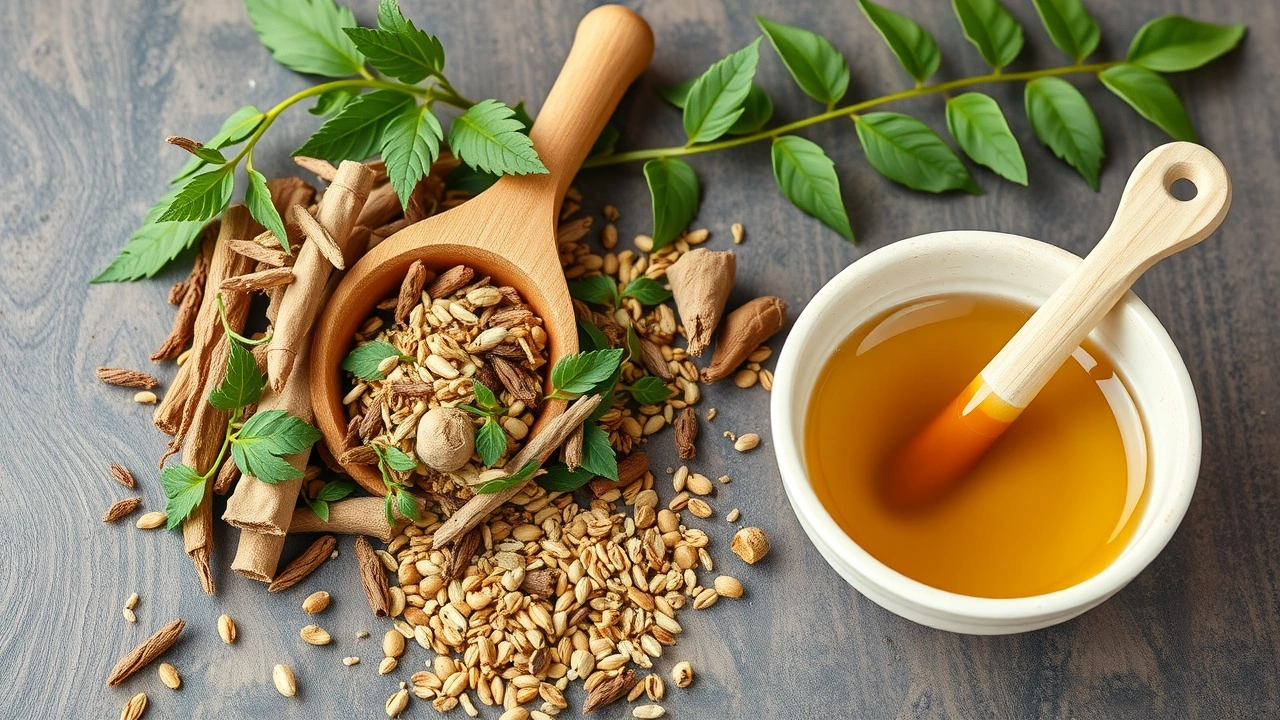 herbes ayurvédiques et outils pour le tirage d'huile