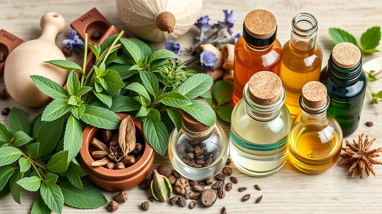 collection d'herbes et d'huiles ayurvédiques