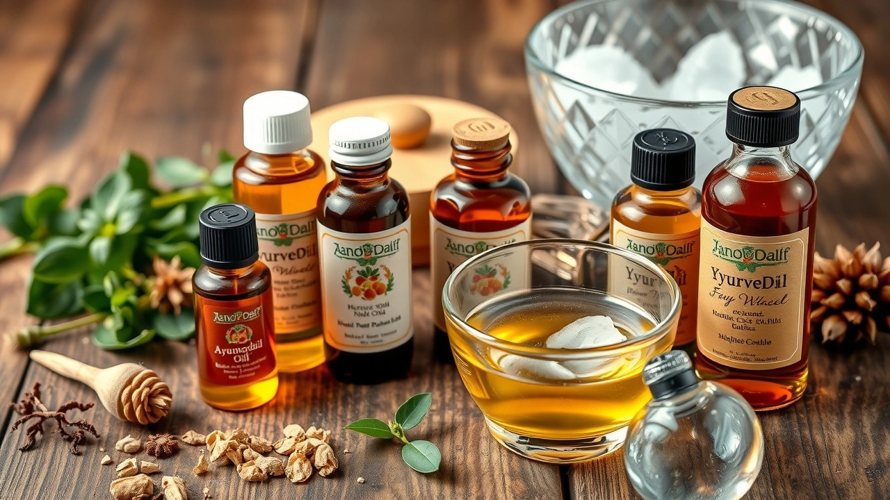 huile ayurvedique et verre pour le rinçage buccal
