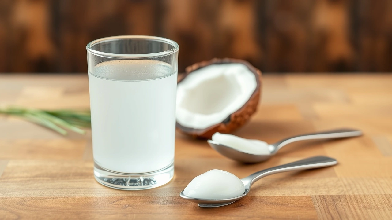 huile de coco et cuillère sur une table en bois