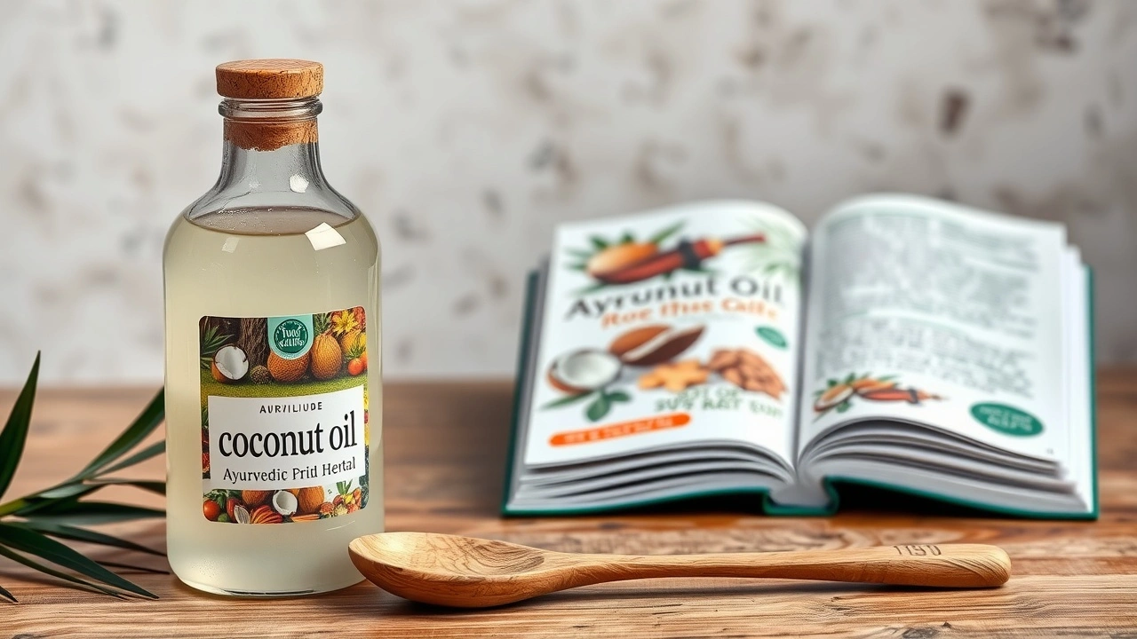 bouteille d'huile de coco et livre ayurvédique