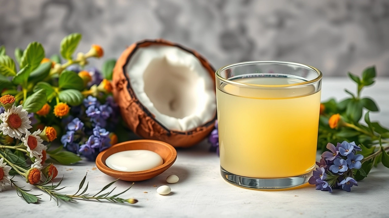 un verre d'huile de coco avec une cuillère en bois