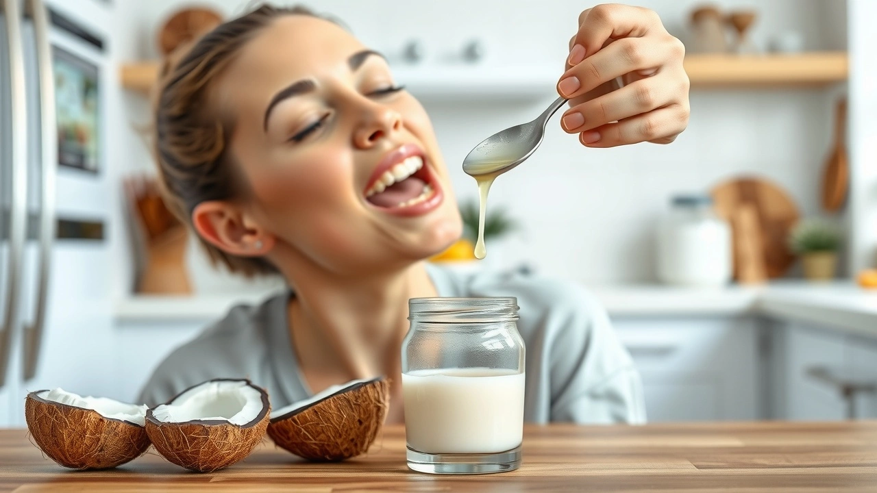 person utilisant l'huile de coco pour le oil pulling