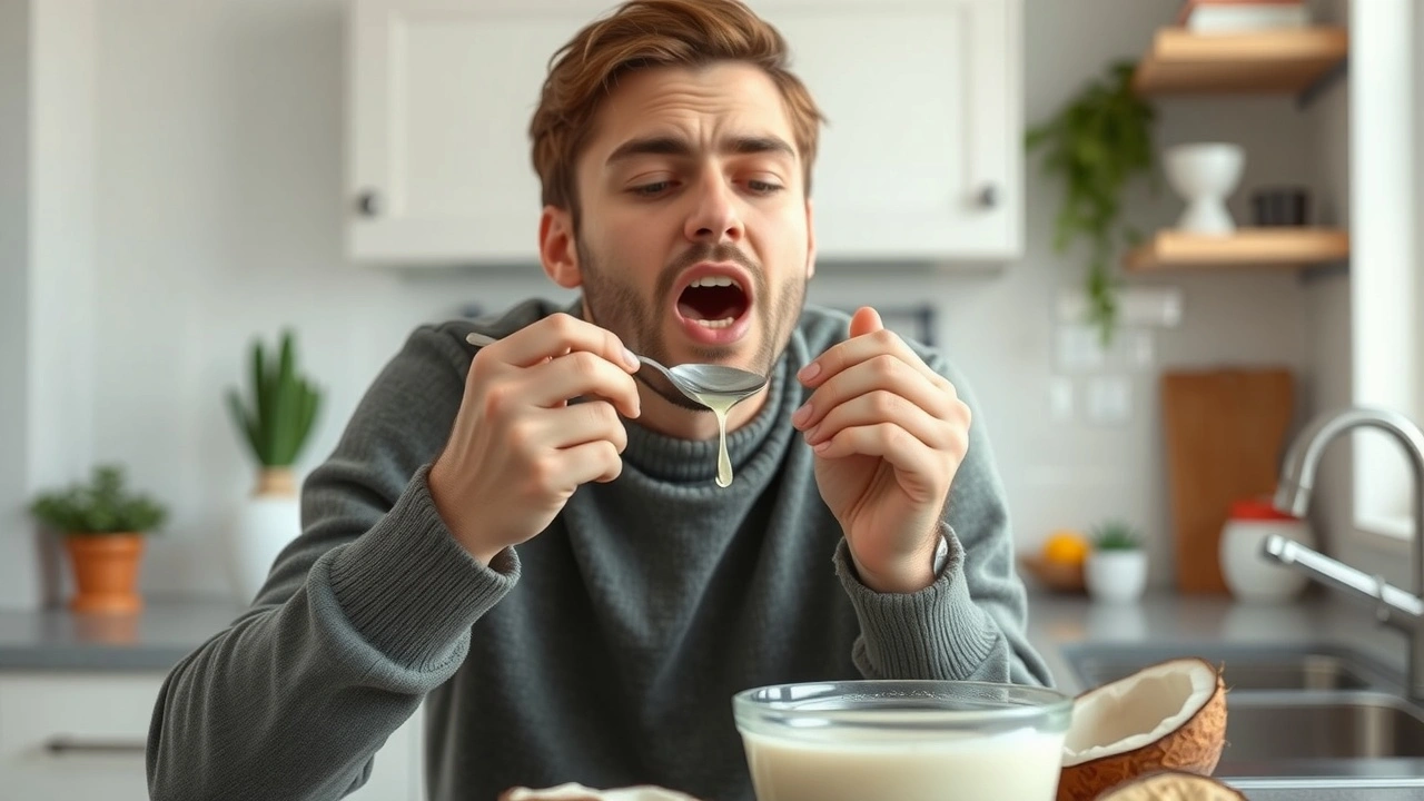 une personne fait du oil pulling avec de l'huile de coco