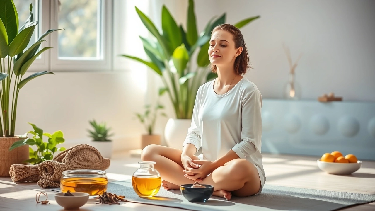 Une image montrant une personne pratiquant le bain de bouche à l'huile dans un cadre serein, avec des éléments de l'Ayurveda.