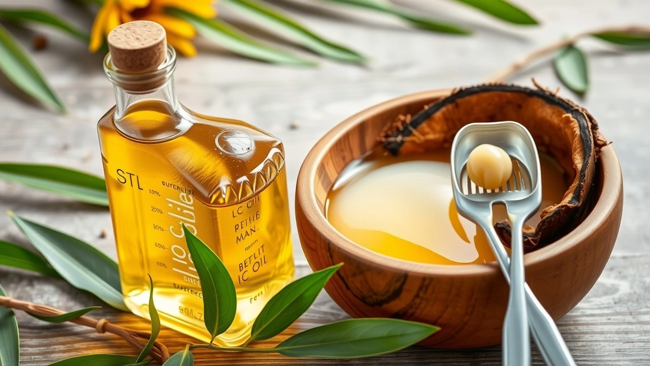 bouteille d'huile de tournesol et bol d'huile de noix de coco