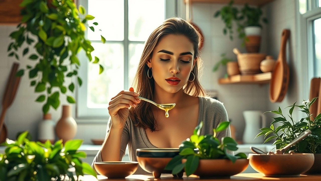 Une scène sereine illustrant la pratique du bain de bouche à l'huile selon les principes ayurvédiques.