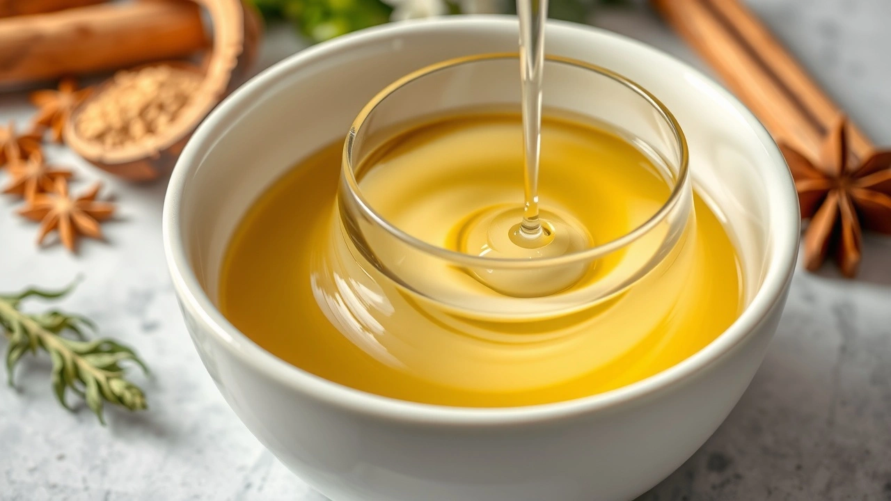 un verre dhuile de coco dans un bol blanc