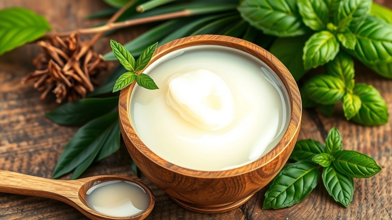 bol en bois avec huile de coco et herbes