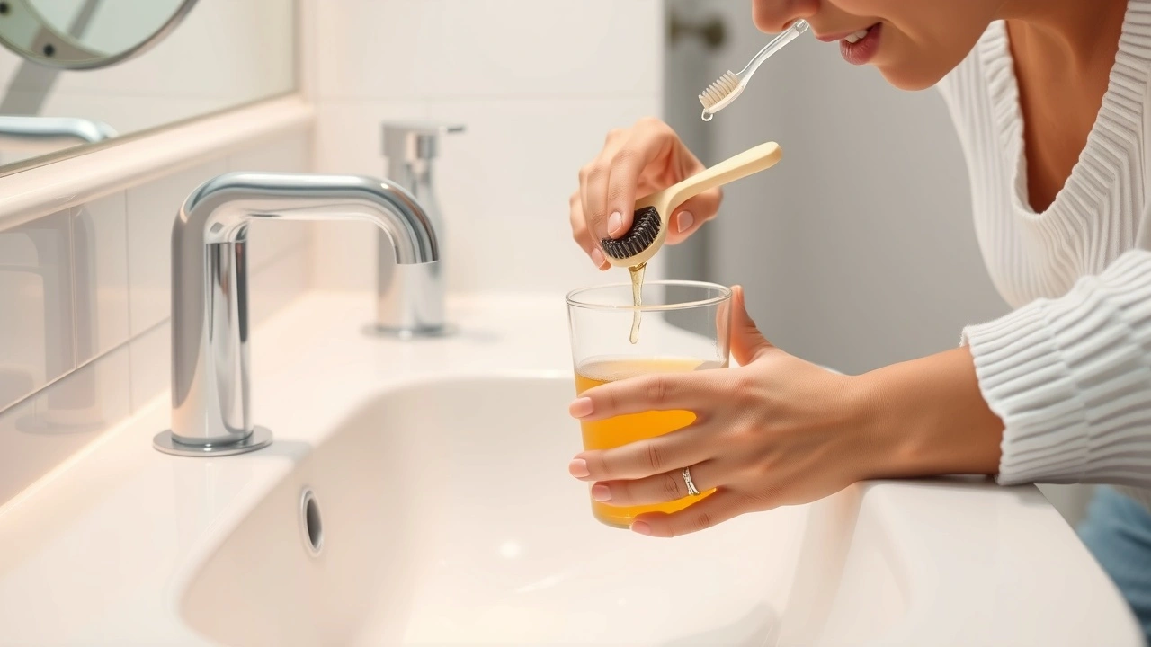 person utilisant de l'huile pour le oil pulling dans une salle de bain