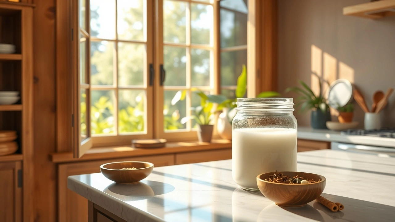 Une scène tranquille illustrant le praticien de l'oil pulling dans un cadre ayurvédique, mettant en valeur un mode de vie sain et équilibré.