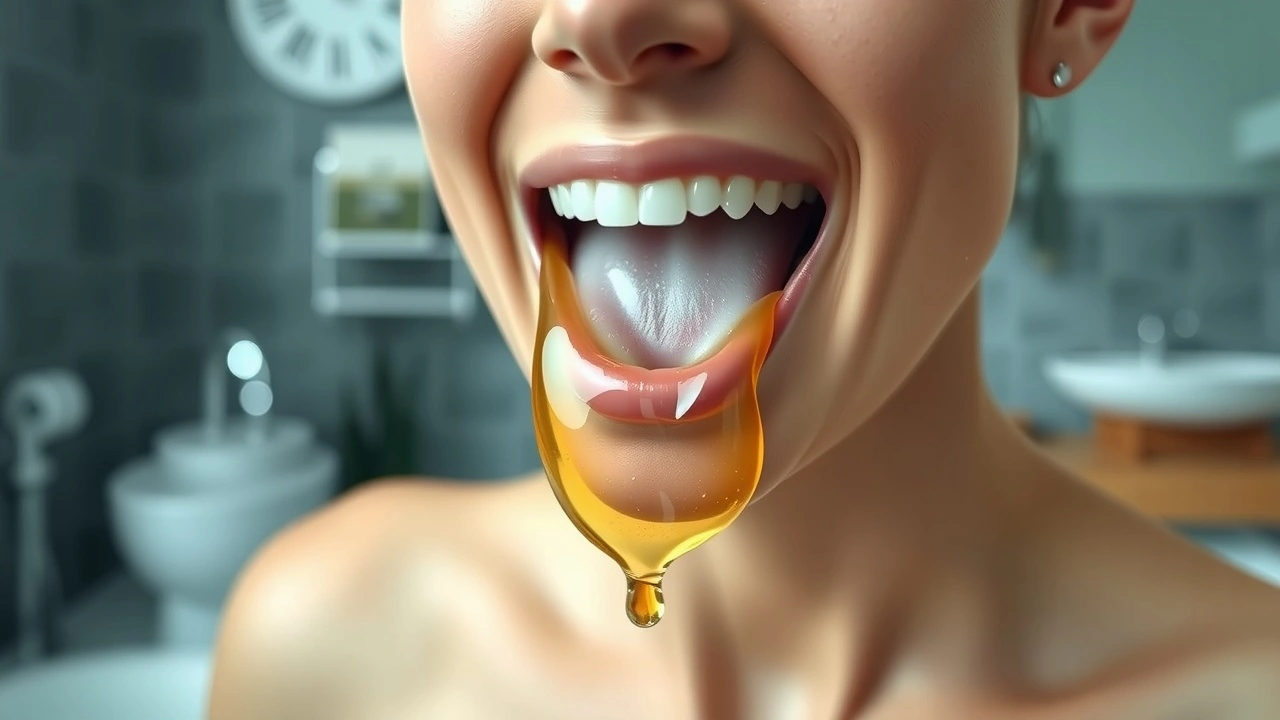 person faisant du oil pulling dans une salle de bain