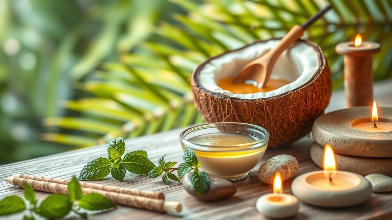 Une scène sereine illustrant l'huile de tirage et la sagesse ayurvédique.