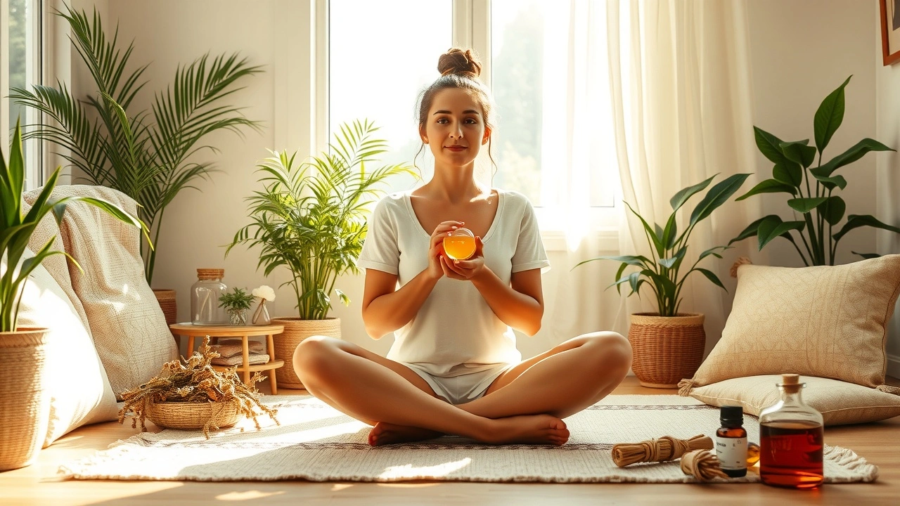 Une scène sereine illustrant la pratique de l'huile tirage et ses effets sur la santé mentale selon l'Ayurveda.
