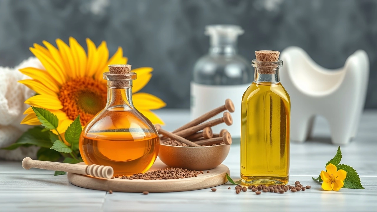 huile de tournesol et herbes ayurvédiques pour la santé dentaire