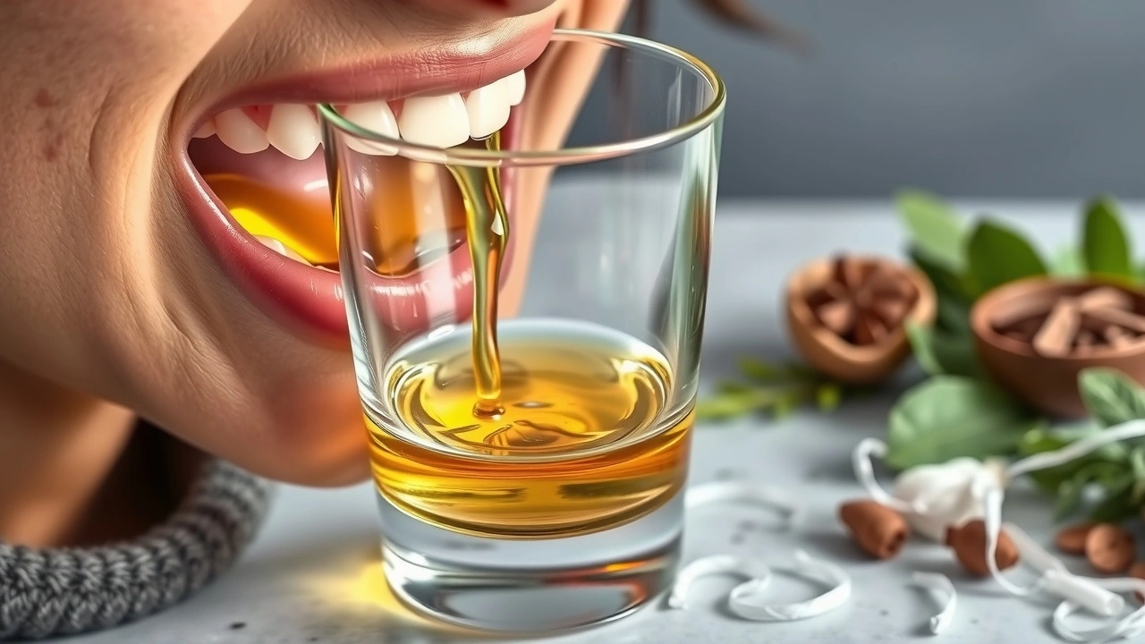 huile dans la bouche d'une personne avec des herbes ayurvédiques