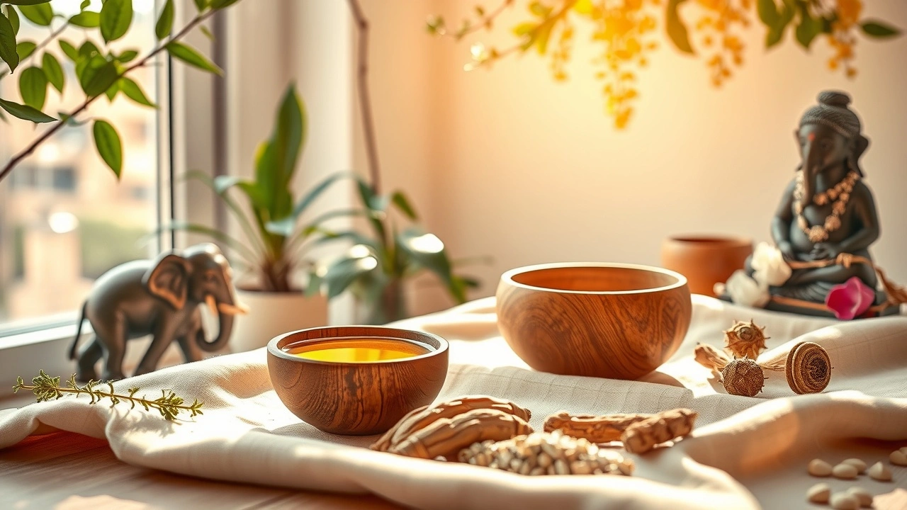 Une scène tranquille illustrant la pratique holistique du oil pulling selon l'Ayurveda.