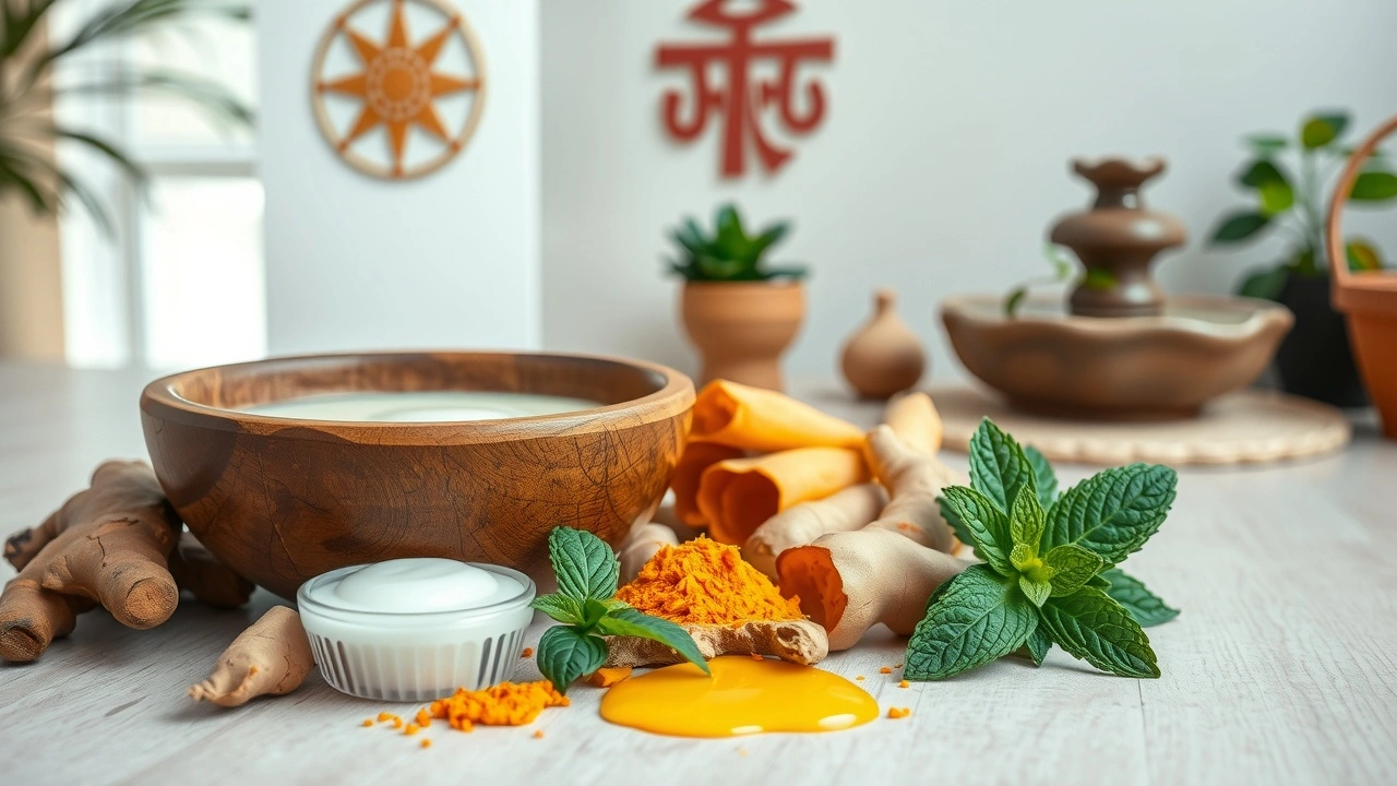 Une composition sereine d'éléments ayurvédiques liés à l'huile de pulling et à la santé digestive.