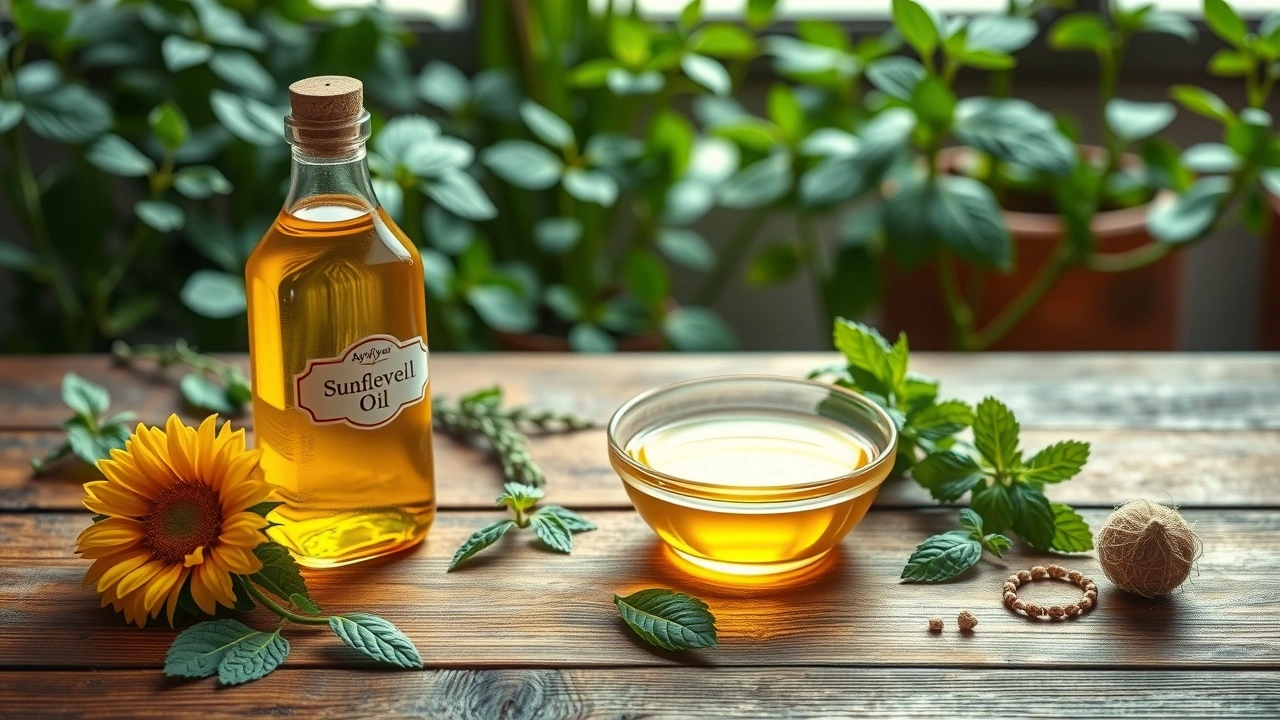 Une illustration sereine de la santé bucco-dentaire avec de l'huile de tournesol et des herbes ayurvédiques.