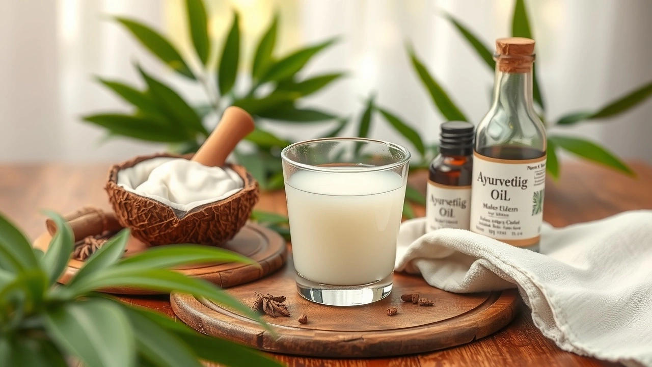 Illustration de l'huile de noix de coco pour le bain buccal en Ayurveda.