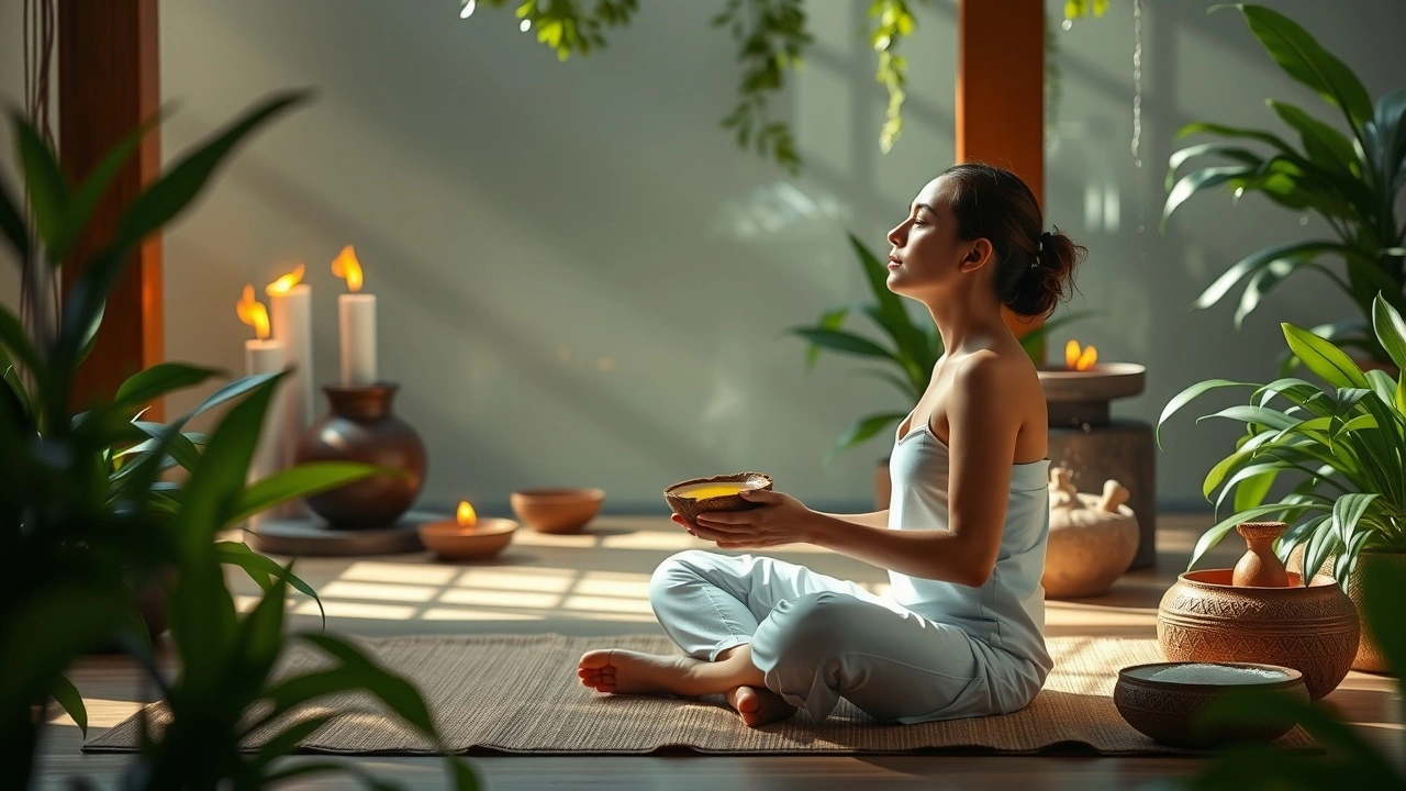 Une illustration montrant une personne pratiquant le bain de bouche à l'huile dans un environnement ayurvédique paisible.