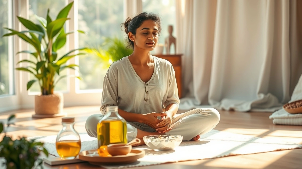 Une scène tranquille illustrant une personne pratiquant le bain de bouche à l'huile dans un espace Ayurvédique.