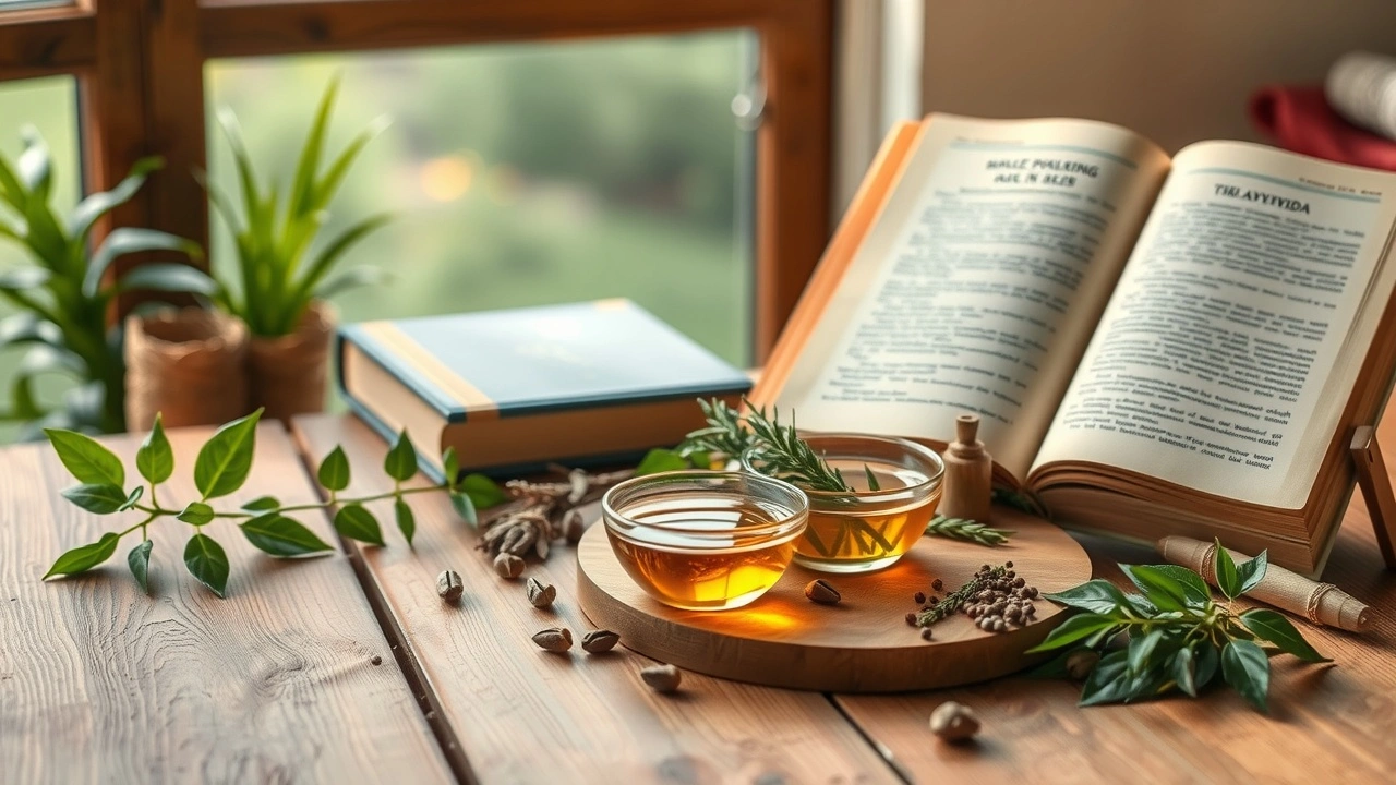 Une scène tranquille illustrant l'huile de pulling et l Ayurveda.