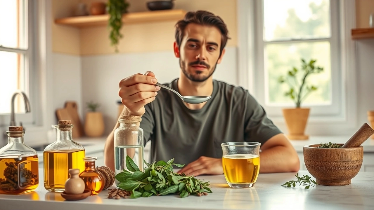 Illustration d'une personne pratiquant le oil pulling dans une cuisine sereine, mettant en avant les principes de l'Ayurveda.