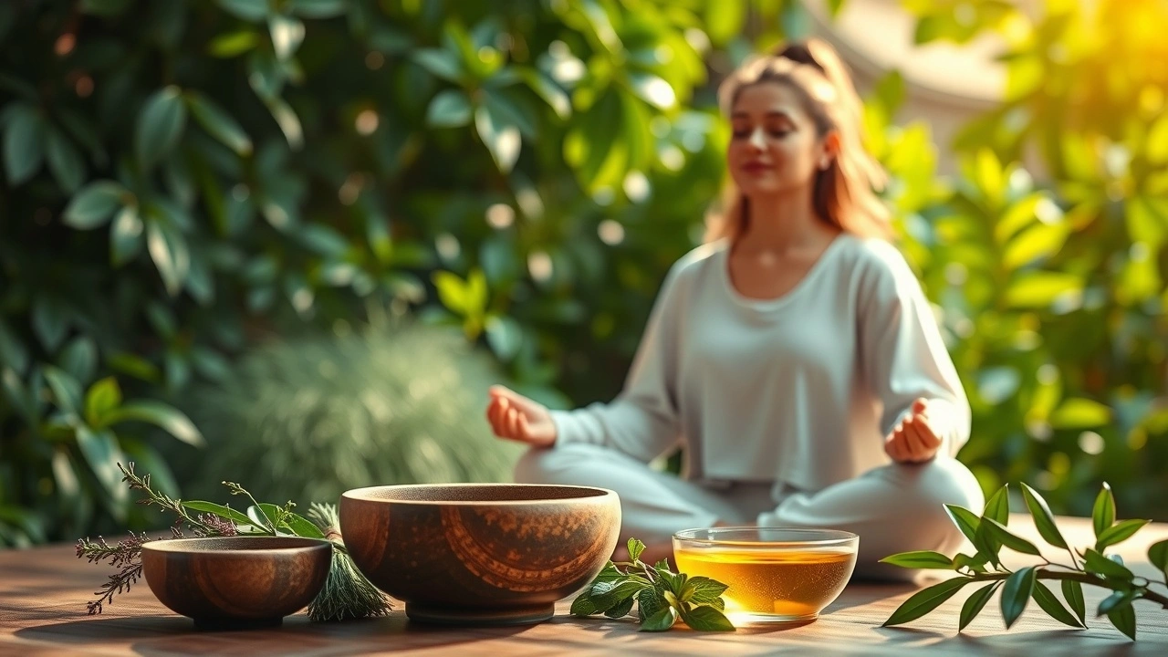 Une illustration photoréaliste d'une personne pratiquant le oil pulling dans un cadre ayurvédique serein, entourée d'herbes fraîches et de lumière douce.