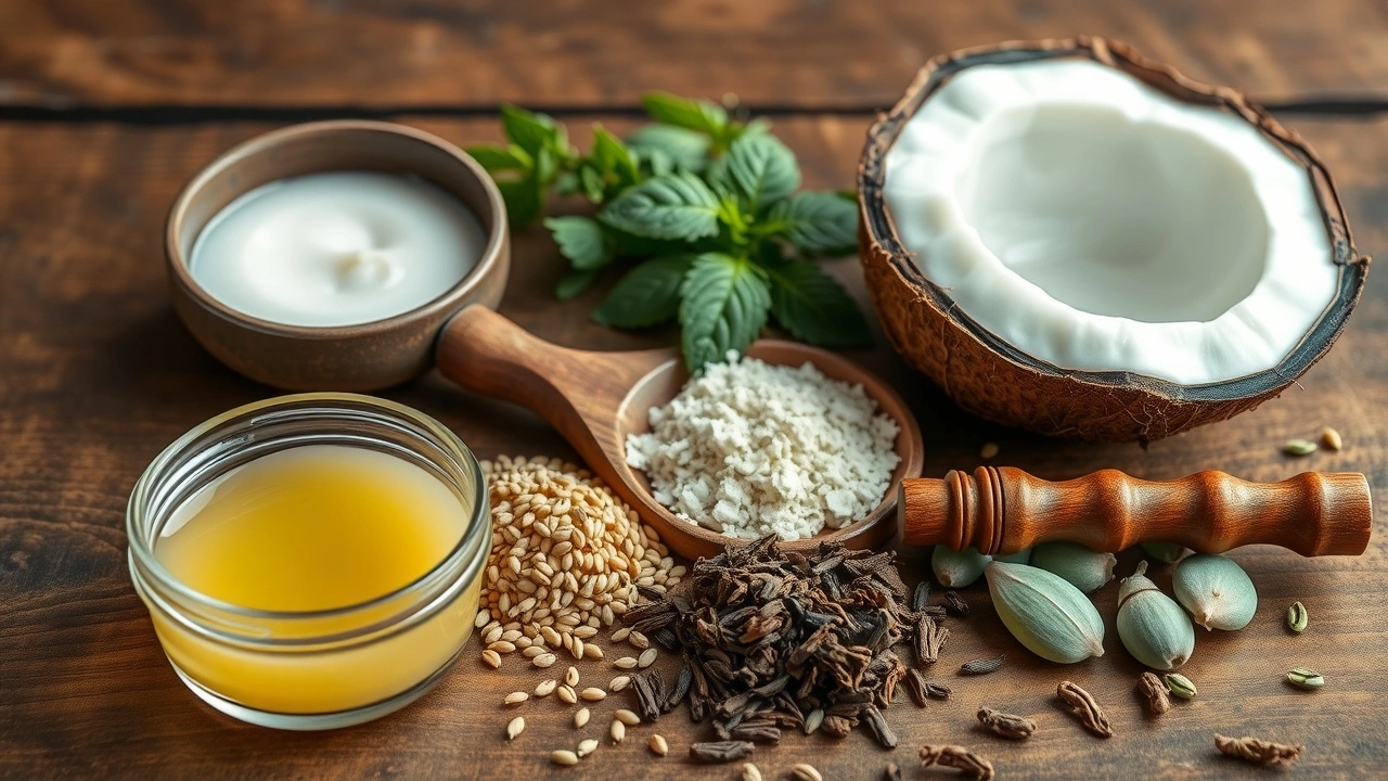 ingrédients pour le oil pulling sur une table en bois