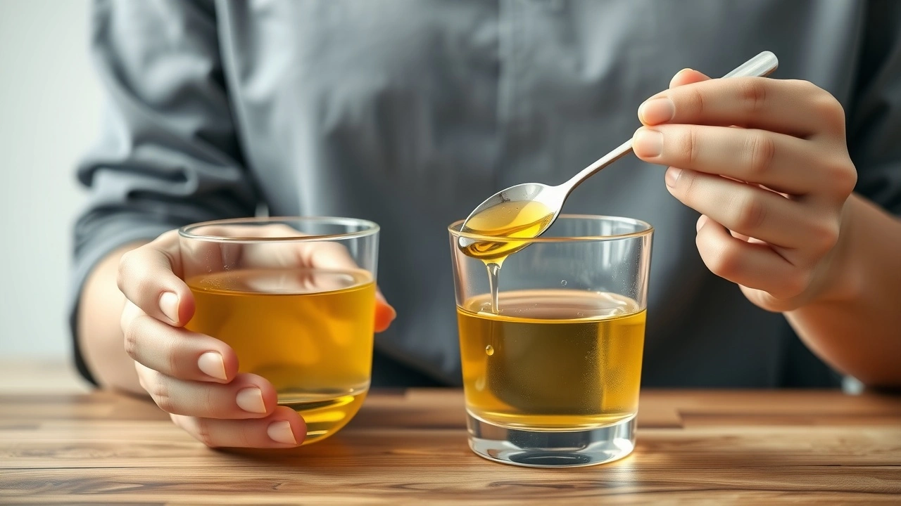 une personne faisant du oil pulling avec de l'huile