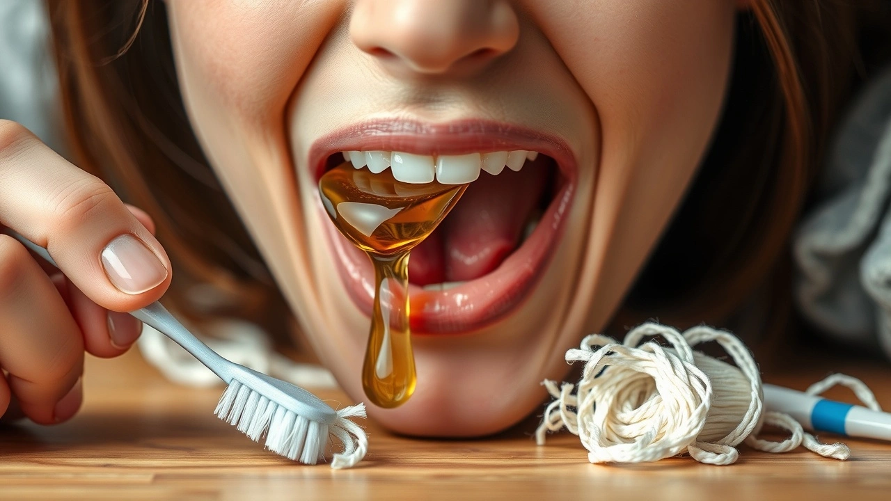 person faisant du oil pulling avec une brosse à dents et du fil dentaire