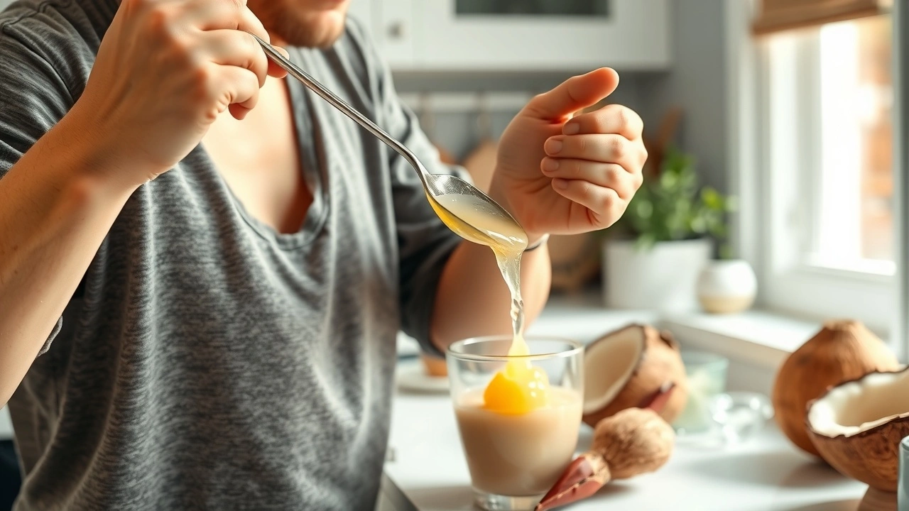 person faisant du oil pulling avec de l'huile de coco