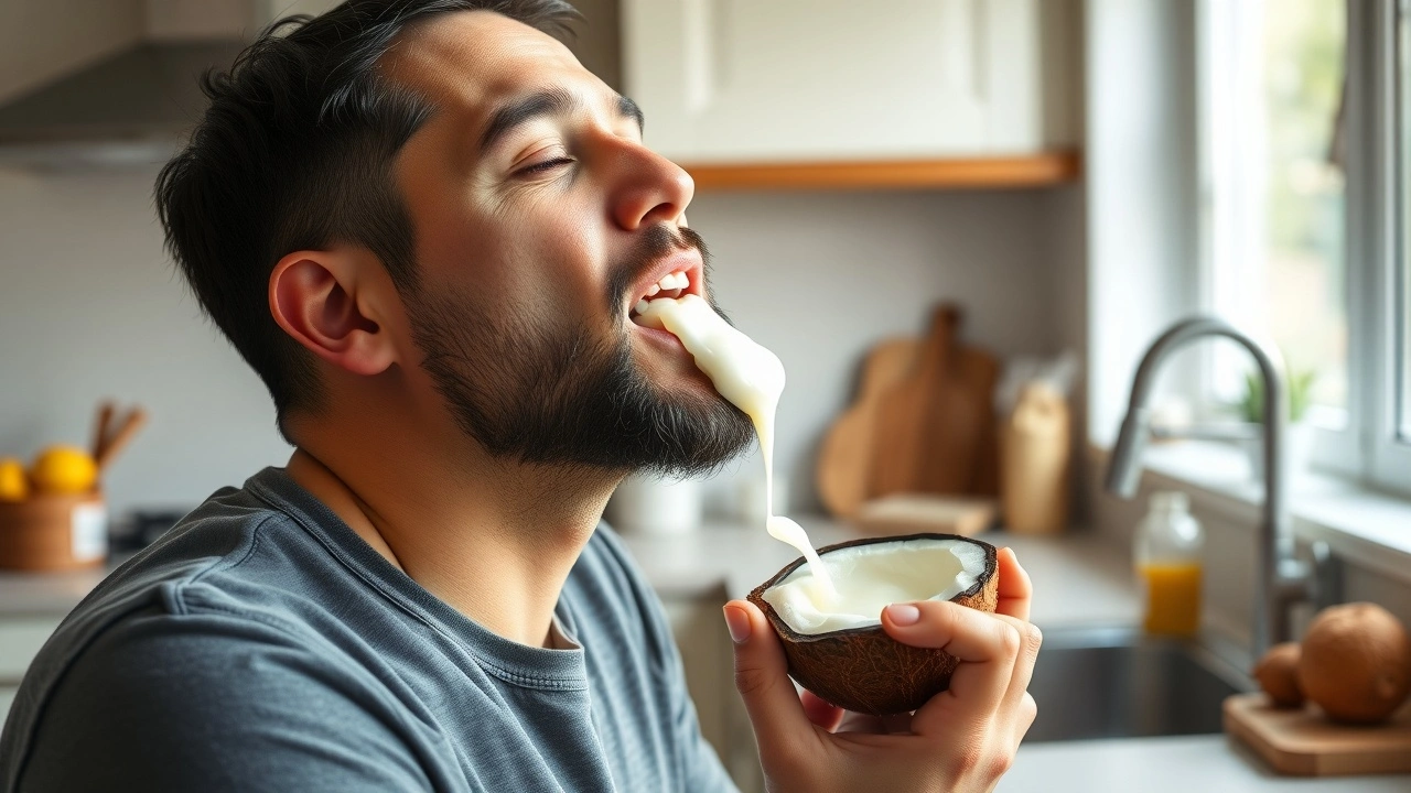 une personne faisant un oil pulling avec de l'huile de coco