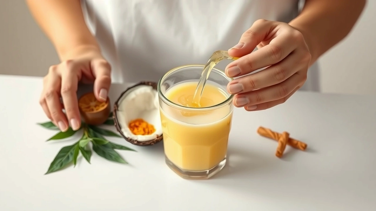 person faisant du oil pulling avec de l'huile et des plantes