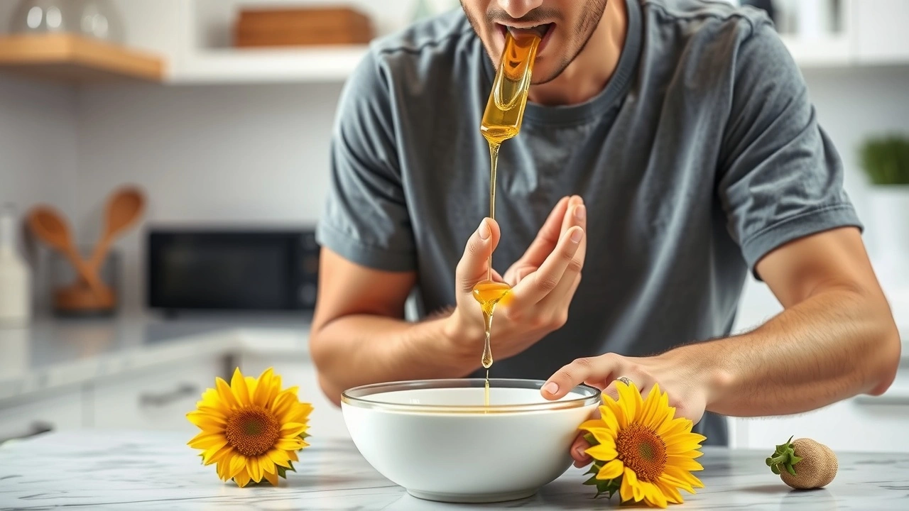 une personne faisant un oil pulling avec de l'huile de tournesol