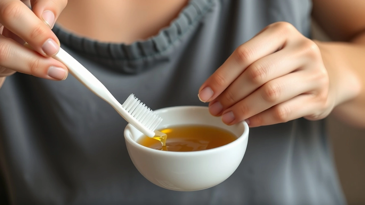 une personne pratiquant le oil pulling avec un bol d'huile