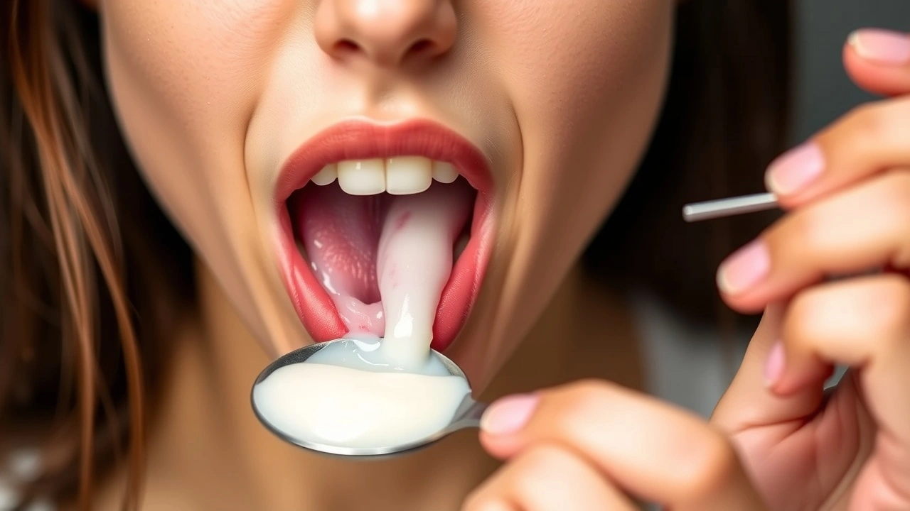 person faisant un oil pulling avec de l'huile de noix de coco