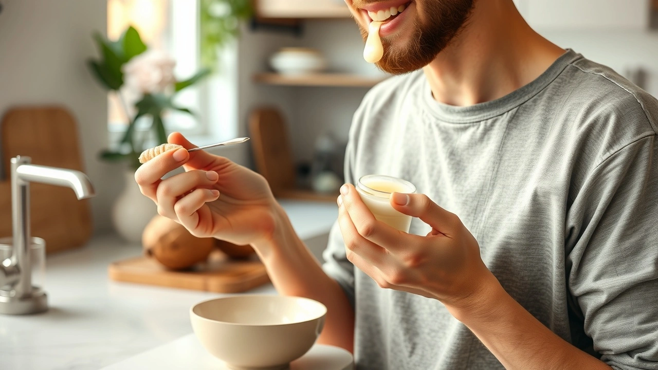 person utilisant l'huile de noix de coco pour le oil pulling