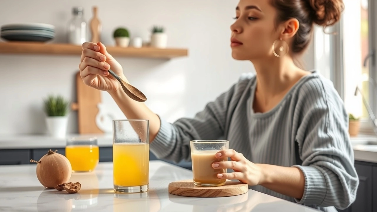 person pratiquant l'oil pulling dans une cuisine moderne